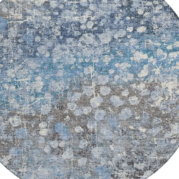 8' Blue And Gray Round Abstract Washable Indoor Outdoor Area Rug
