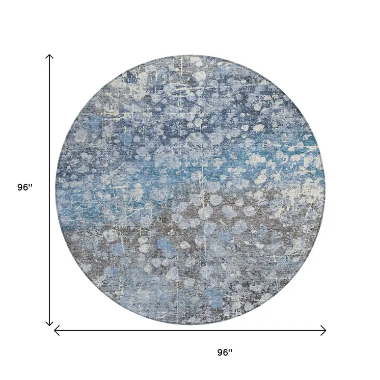 8' Blue And Gray Round Abstract Washable Indoor Outdoor Area Rug