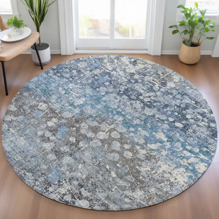 8' Blue And Gray Round Abstract Washable Indoor Outdoor Area Rug
