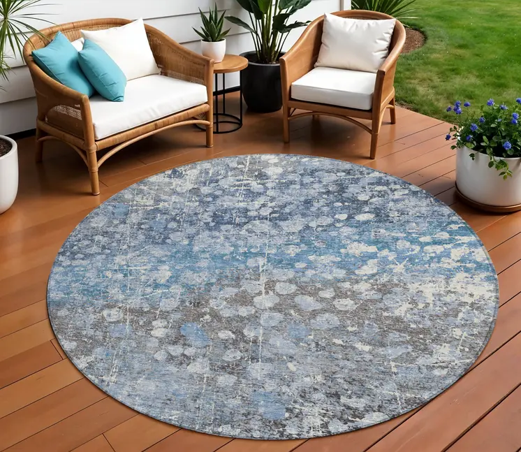 8' Blue And Gray Round Abstract Washable Indoor Outdoor Area Rug