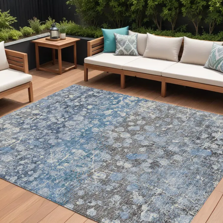 8' X 10' Blue And Gray Abstract Washable Indoor Outdoor Area Rug