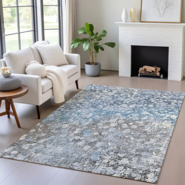 8' X 10' Blue And Gray Abstract Washable Indoor Outdoor Area Rug
