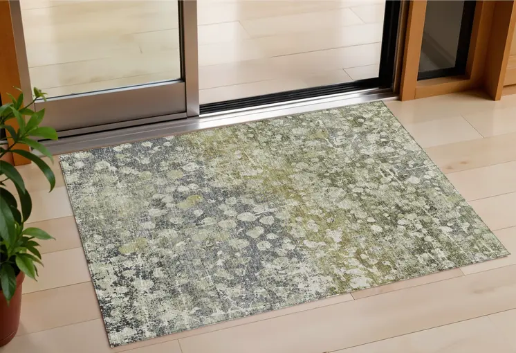 3' X 5' Olive Green And Gray Abstract Washable Indoor Outdoor Area Rug
