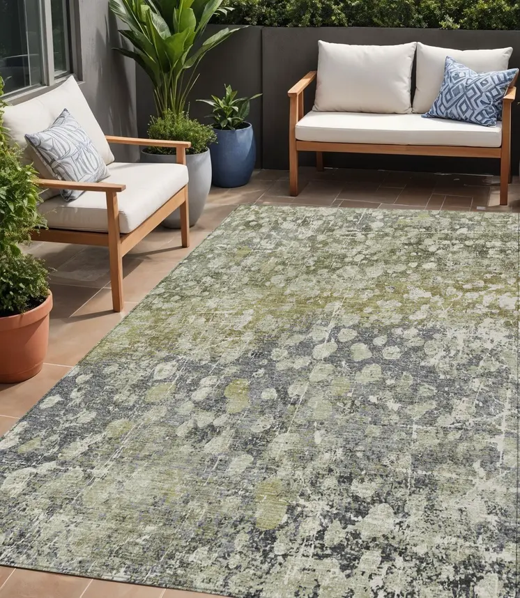 5' X 8' Olive Green And Gray Abstract Washable Indoor Outdoor Area Rug