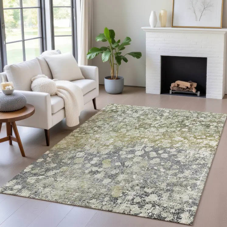 5' X 8' Olive Green And Gray Abstract Washable Indoor Outdoor Area Rug