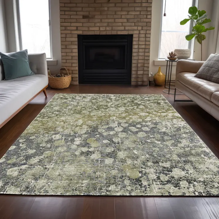 5' X 8' Olive Green And Gray Abstract Washable Indoor Outdoor Area Rug