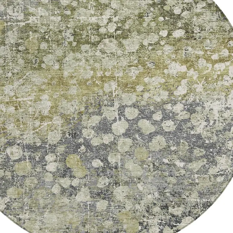 8' Olive Green And Gray Round Abstract Washable Indoor Outdoor Area Rug