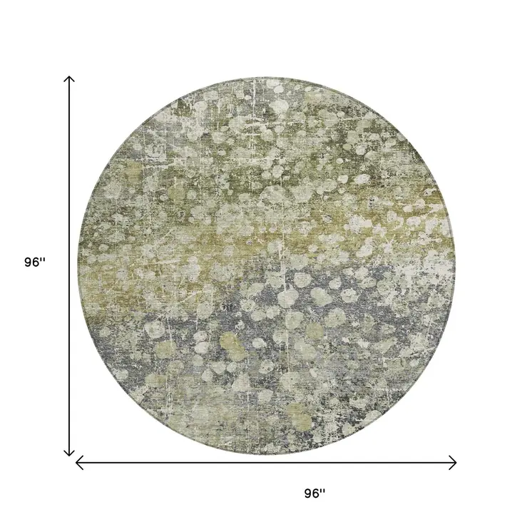 8' Olive Green And Gray Round Abstract Washable Indoor Outdoor Area Rug
