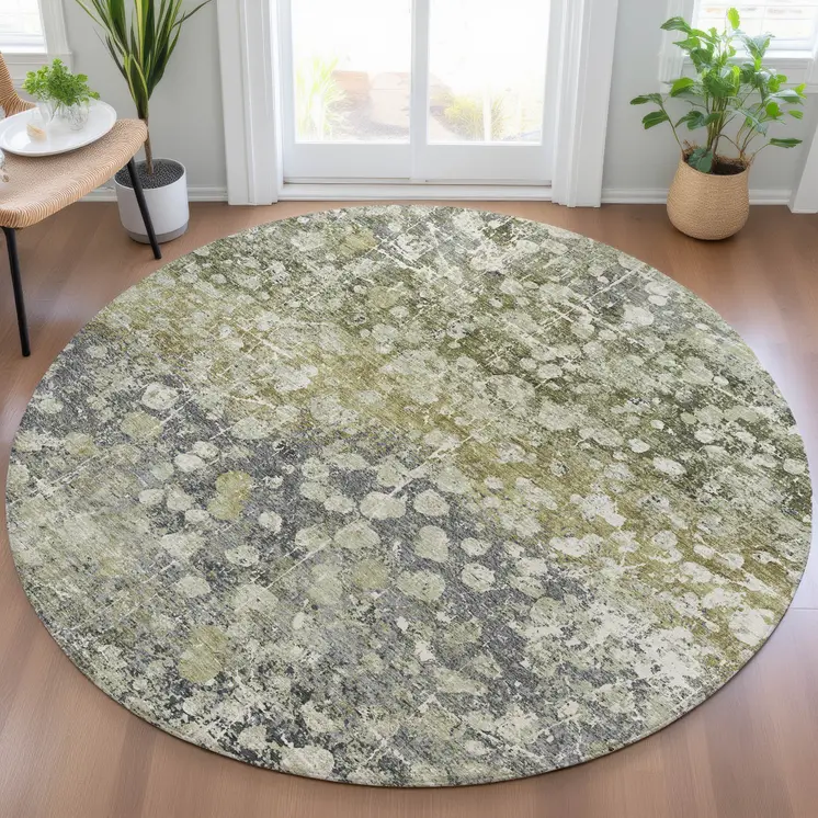 8' Olive Green And Gray Round Abstract Washable Indoor Outdoor Area Rug