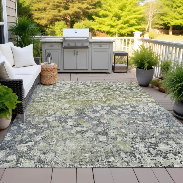 8' X 10' Olive Green And Gray Abstract Washable Indoor Outdoor Area Rug