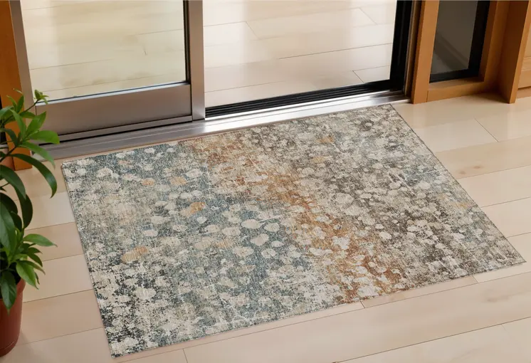 3' X 5' Beige And Copper Abstract Washable Indoor Outdoor Area Rug