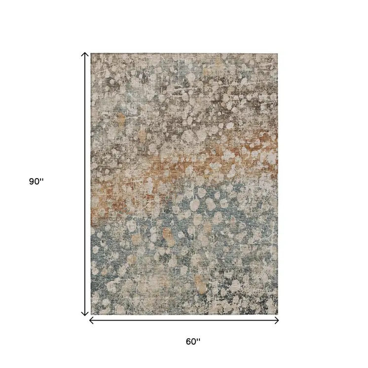 5' X 8' Beige And Copper Abstract Washable Indoor Outdoor Area Rug