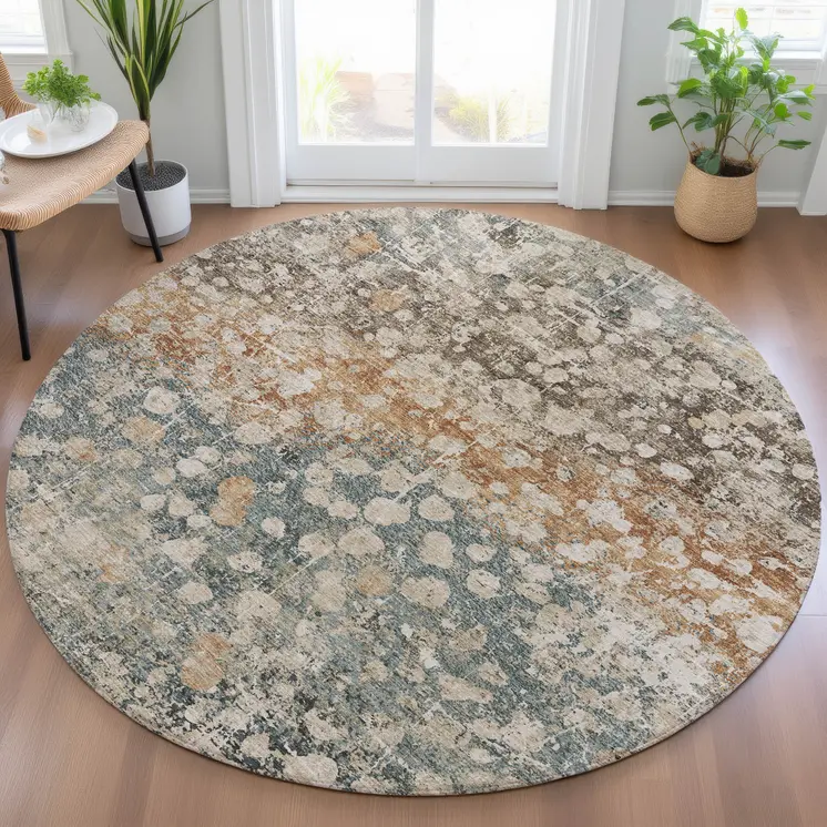 8' Beige And Copper Round Abstract Washable Indoor Outdoor Area Rug