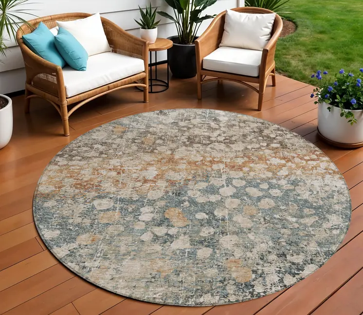 8' Beige And Copper Round Abstract Washable Indoor Outdoor Area Rug