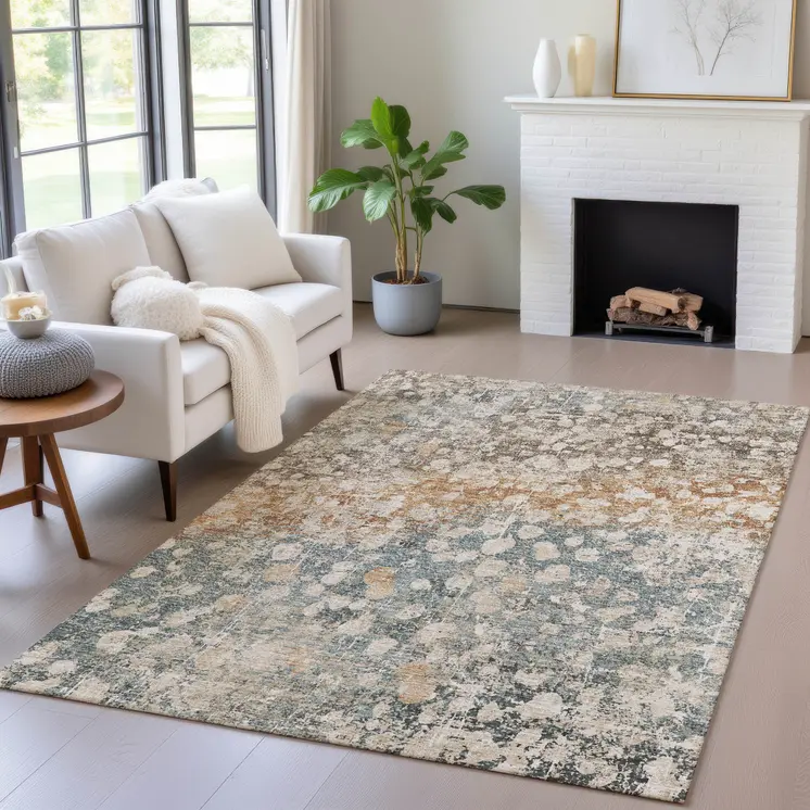 8' X 10' Beige And Copper Abstract Washable Indoor Outdoor Area Rug