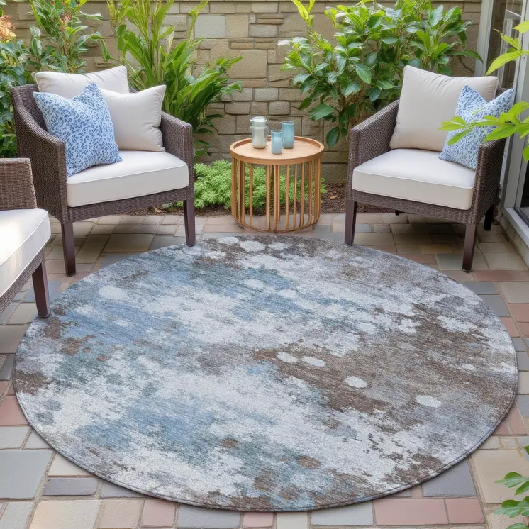 8' Brown And Sky Blue Round Abstract Washable Indoor Outdoor Area Rug