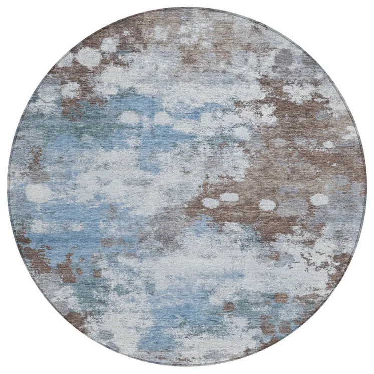 8' Brown And Sky Blue Round Abstract Washable Indoor Outdoor Area Rug