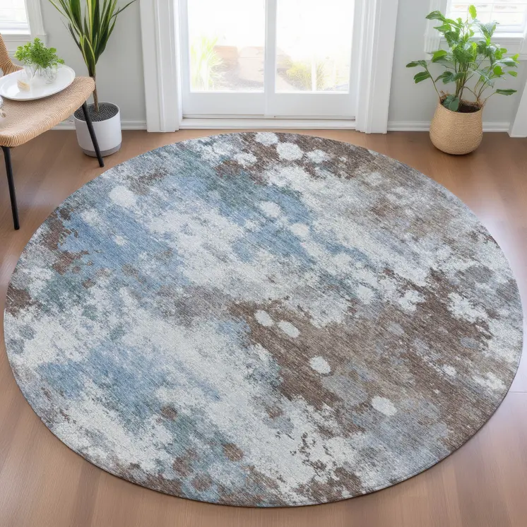 8' Brown And Sky Blue Round Abstract Washable Indoor Outdoor Area Rug