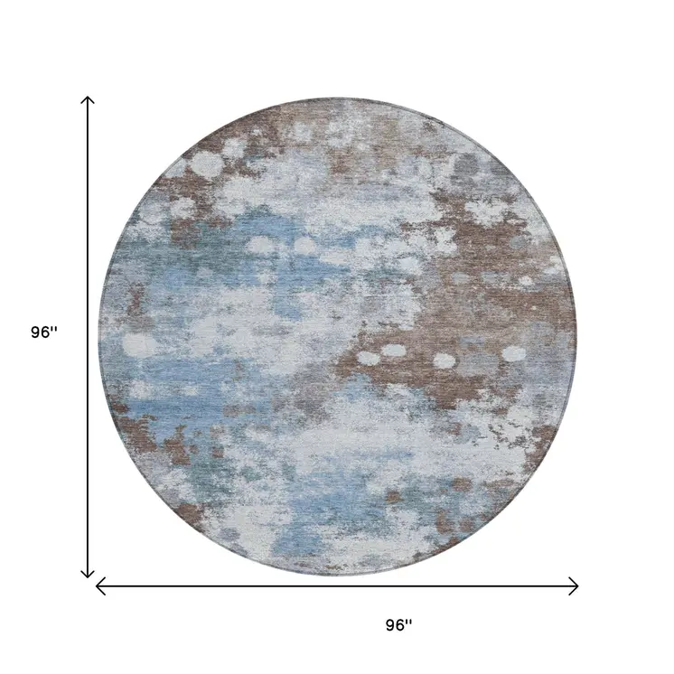 8' Brown And Sky Blue Round Abstract Washable Indoor Outdoor Area Rug