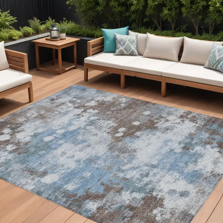 8' X 10' Brown And Sky Blue Abstract Washable Indoor Outdoor Area Rug