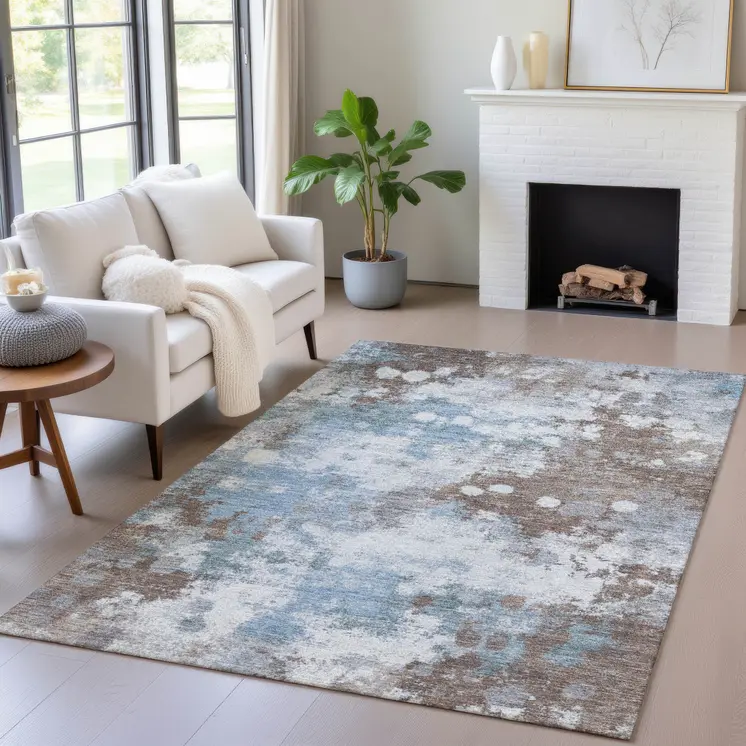 8' X 10' Brown And Sky Blue Abstract Washable Indoor Outdoor Area Rug