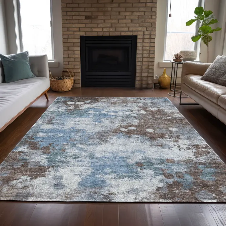 8' X 10' Brown And Sky Blue Abstract Washable Indoor Outdoor Area Rug