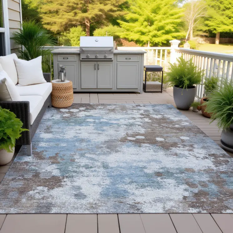 9' X 12' Brown And Sky Blue Abstract Washable Indoor Outdoor Area Rug