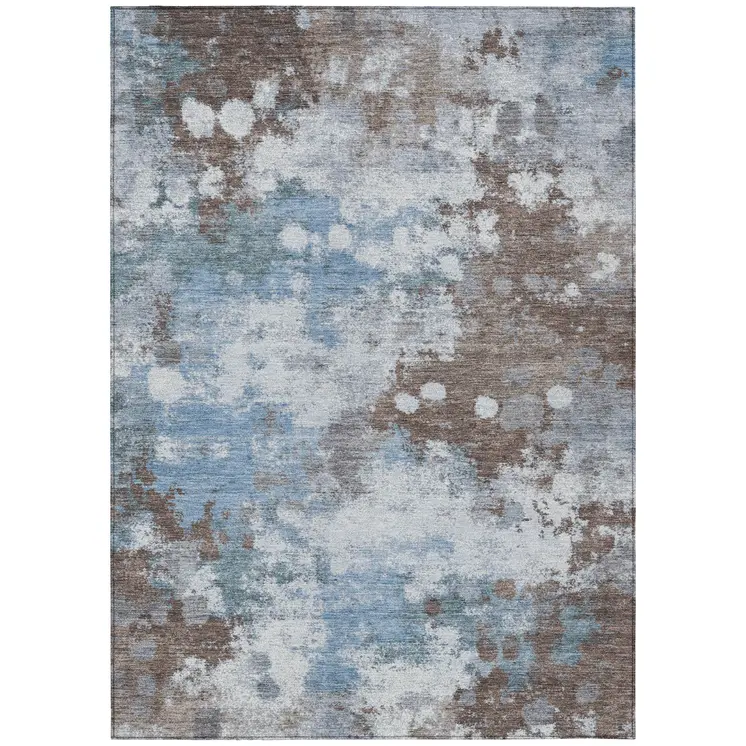 9' X 12' Brown And Sky Blue Abstract Washable Indoor Outdoor Area Rug