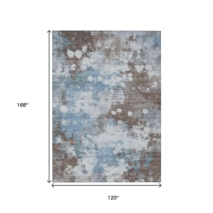 10' X 14' Brown And Sky Blue Abstract Washable Indoor Outdoor Area Rug