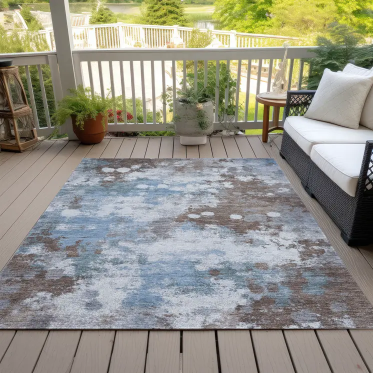 10' X 14' Brown And Sky Blue Abstract Washable Indoor Outdoor Area Rug