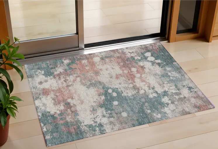 3' X 5' Coral And Teal Blue Abstract Washable Indoor Outdoor Area Rug