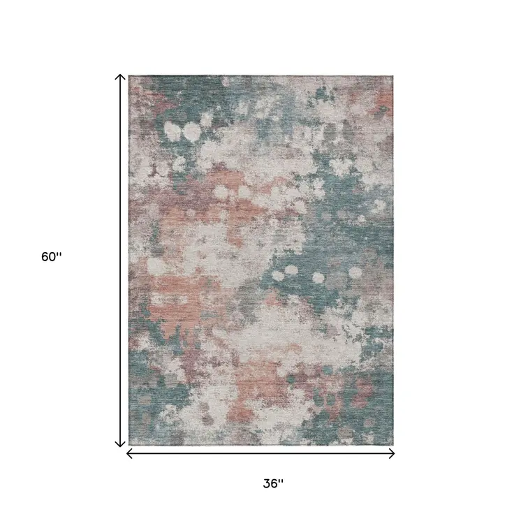 3' X 5' Coral And Teal Blue Abstract Washable Indoor Outdoor Area Rug