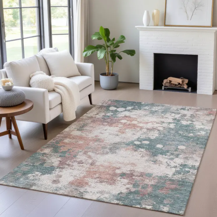 3' X 5' Coral And Teal Blue Abstract Washable Indoor Outdoor Area Rug
