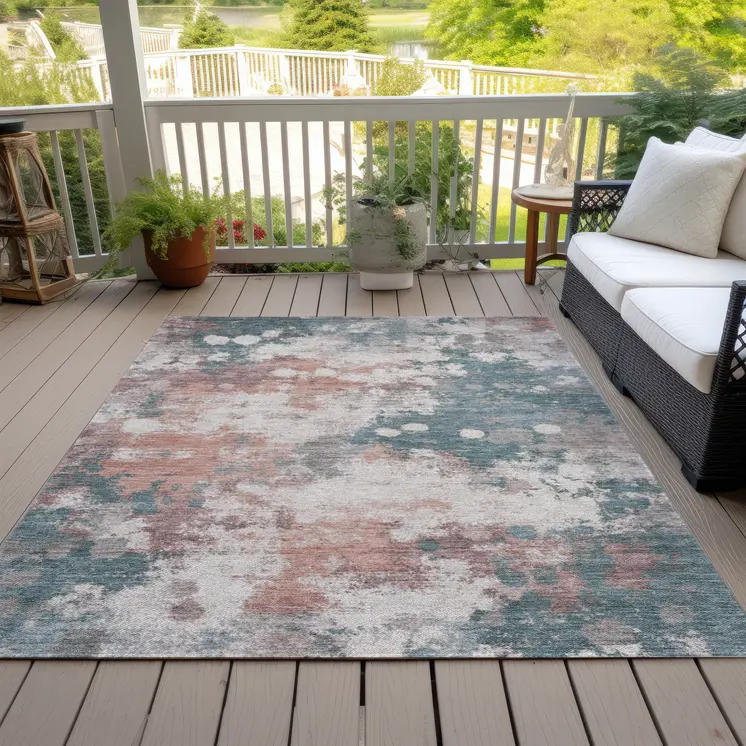 3' X 5' Coral And Teal Blue Abstract Washable Indoor Outdoor Area Rug