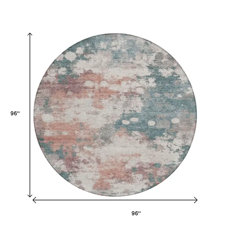8' Coral And Teal Blue Round Abstract Washable Indoor Outdoor Area Rug