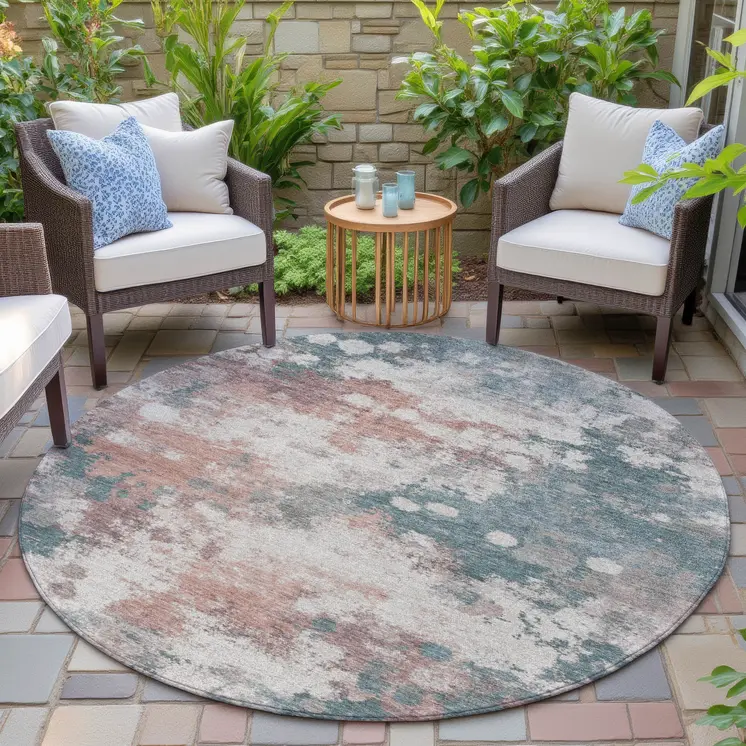 8' Coral And Teal Blue Round Abstract Washable Indoor Outdoor Area Rug