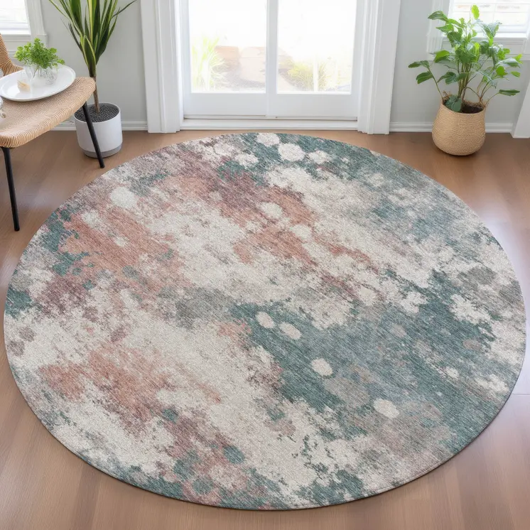 8' Coral And Teal Blue Round Abstract Washable Indoor Outdoor Area Rug
