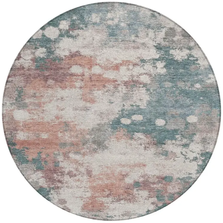 8' Coral And Teal Blue Round Abstract Washable Indoor Outdoor Area Rug