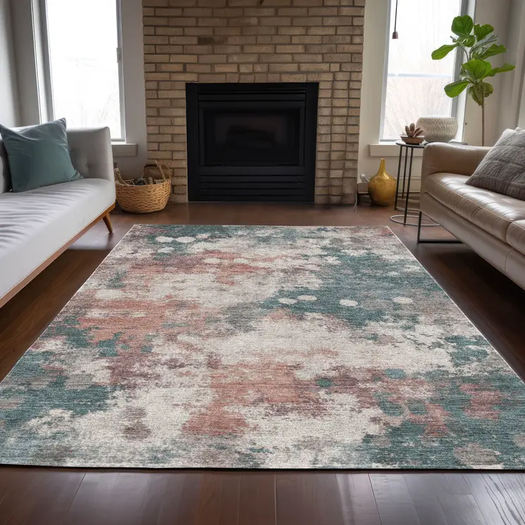 8' X 10' Coral And Teal Blue Abstract Washable Indoor Outdoor Area Rug