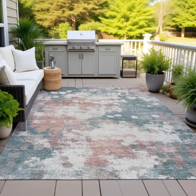 9' X 12' Coral And Teal Blue Abstract Washable Indoor Outdoor Area Rug