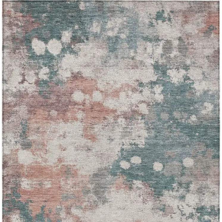 10' X 14' Coral And Teal Blue Abstract Washable Indoor Outdoor Area Rug