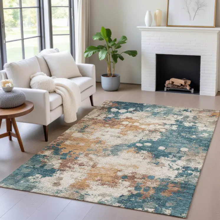 3' X 5' Teal Blue And Copper Abstract Washable Indoor Outdoor Area Rug