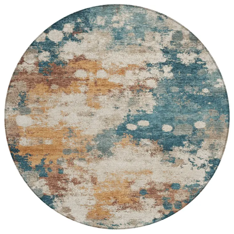 8' Teal Blue And Copper Round Abstract Washable Indoor Outdoor Area Rug