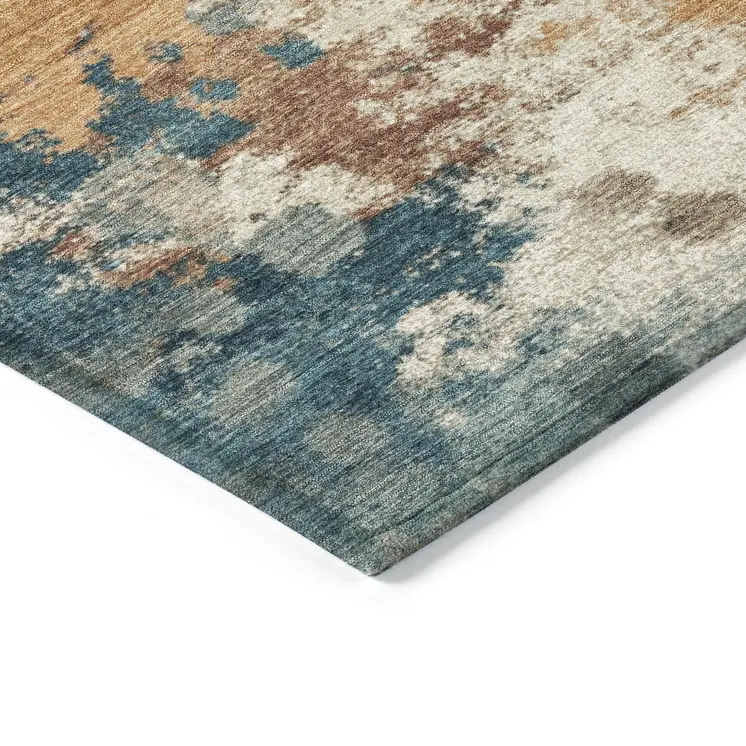 8' Teal Blue And Copper Round Abstract Washable Indoor Outdoor Area Rug