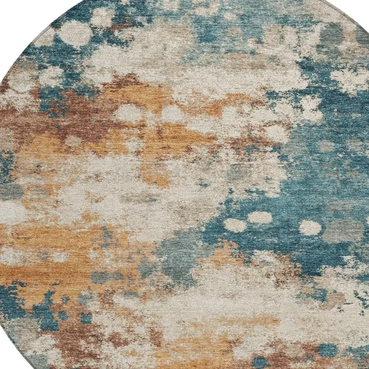 8' Teal Blue And Copper Round Abstract Washable Indoor Outdoor Area Rug