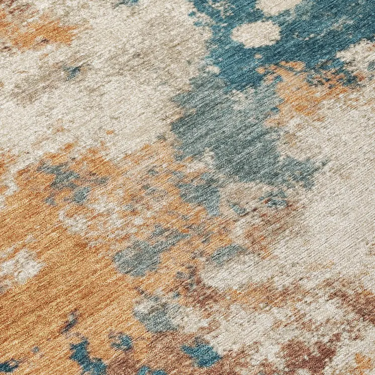 8' Teal Blue And Copper Round Abstract Washable Indoor Outdoor Area Rug
