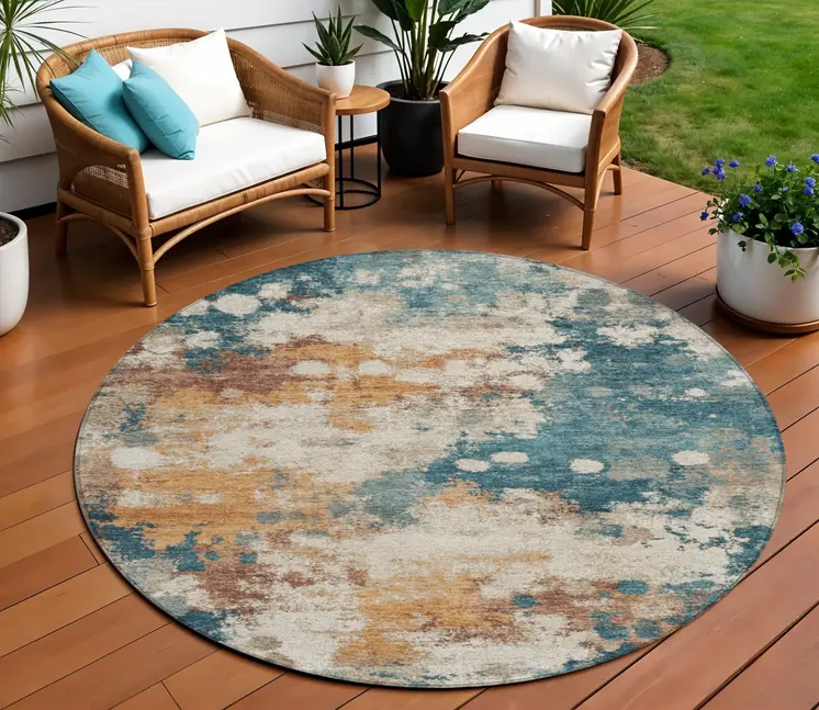 8' Teal Blue And Copper Round Abstract Washable Indoor Outdoor Area Rug