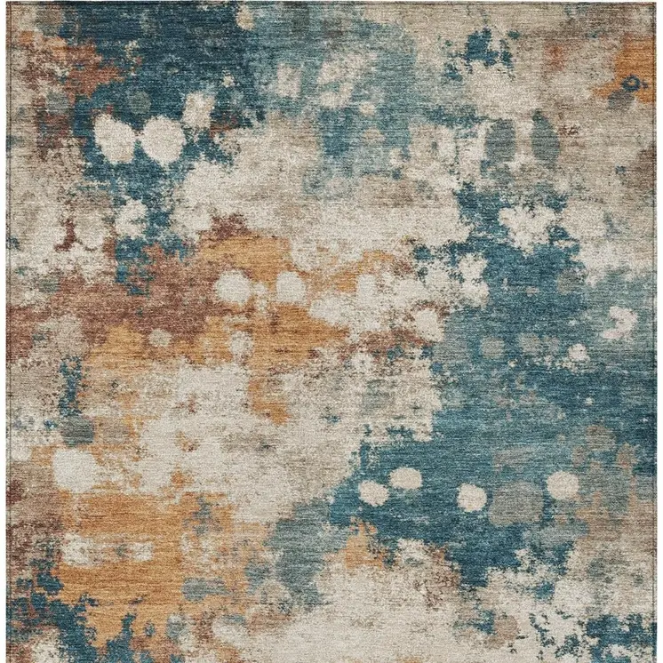 8' X 10' Teal Blue And Copper Abstract Washable Indoor Outdoor Area Rug