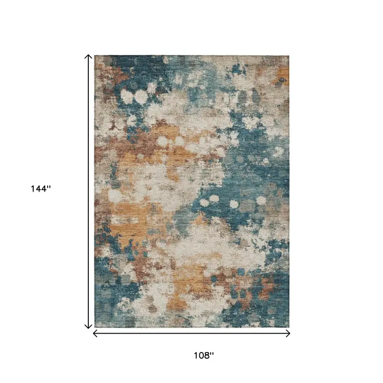 9' X 12' Teal Blue And Copper Abstract Washable Indoor Outdoor Area Rug