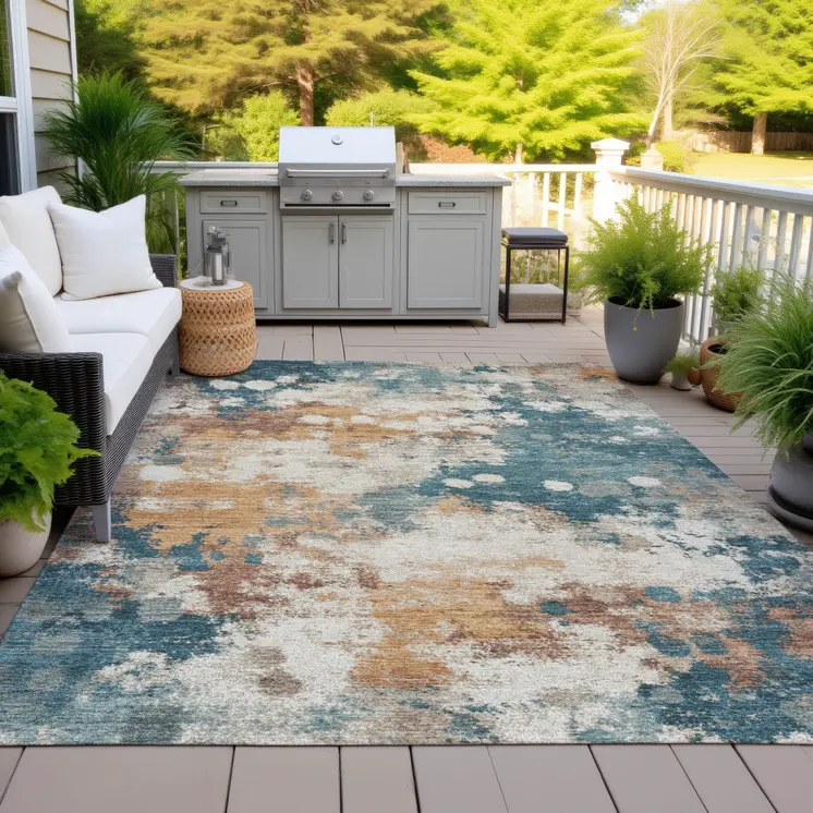 9' X 12' Teal Blue And Copper Abstract Washable Indoor Outdoor Area Rug